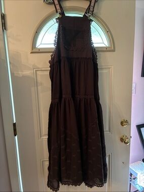 Brown Tiered Pinafore Maxi Dress with Lace Trim